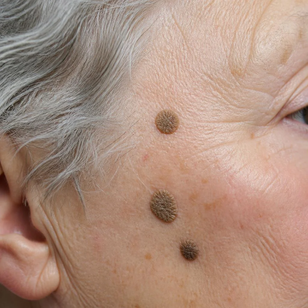 Alterswarzen (seborrhoische Keratosen) an Schläfe und Wange – Entfernung bei VESTIDERM Berlin-Steglitz
