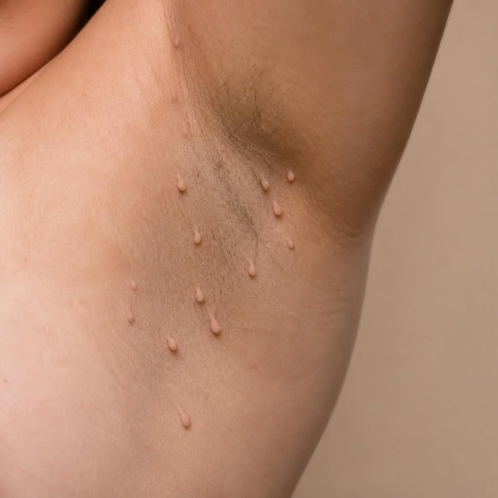 KI-generierte Illustration: multiple Fibrome in der Achsel – typische Lokalisation von Hautanhängseln