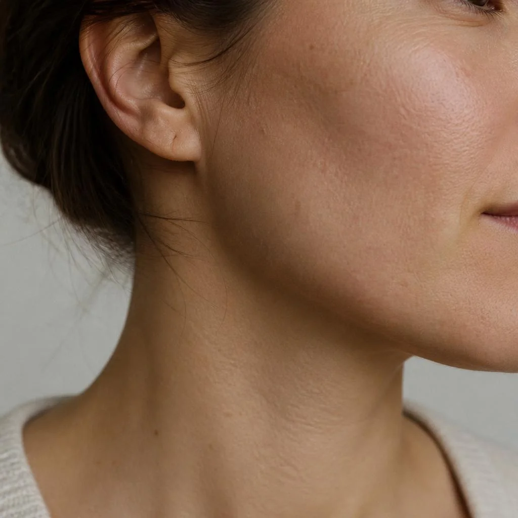 KI-generierte Illustration: verfeinertes, ebenmäßiges Hautbild im Gesicht nach CO2 Skin Resurfacing