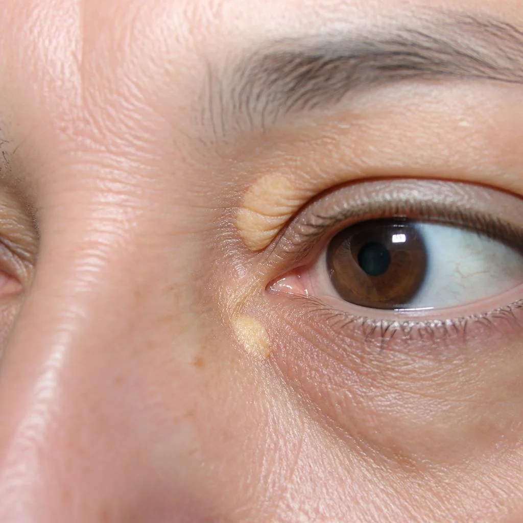 KI-generierte Illustration: Xanthelasmen, gelbliche Ablagerungen am Oberlid – Entfernung bei VESTIDERM Berlin-Steglitz
